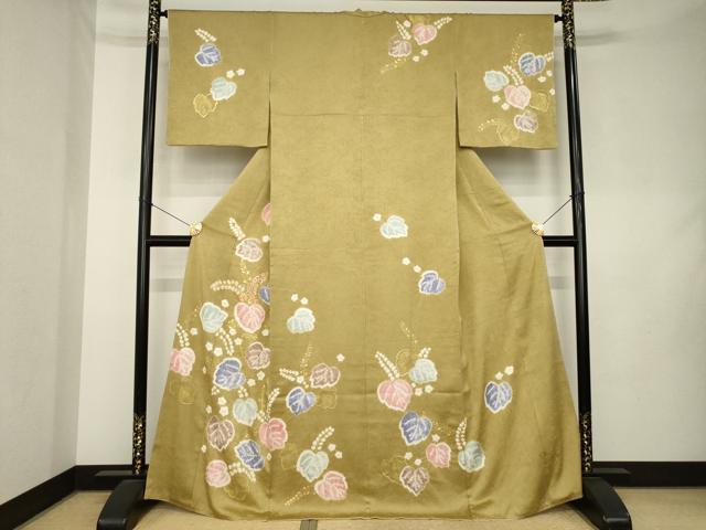 平和屋着物●創業460年・千總 訪問着 絞り 駒刺繍 草花文 金彩 三越扱い 正絹 逸品 AABL0040ck