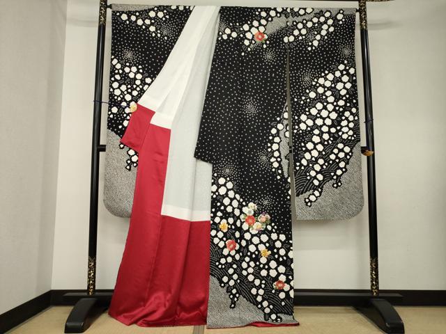 平和屋着物●豪華振袖・長襦袢(無双仕立て)セット 総絞り 駒刺繍 花丸文 黒地 ロング丈 正絹 逸品 AABL0042ck