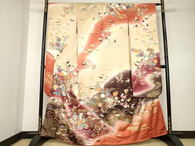 平和屋着物●豪華振袖 駒刺繍 御所車花文 正絹 逸品 AABL0049ck