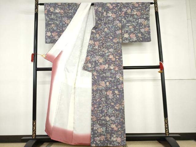 平和屋着物●上質な小紋 ろうけつ染 草花文 鬼しぼ縮緬 反端付き 正絹 逸品 未使用 AABL0088cs
