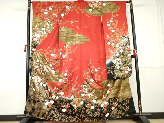 平和屋着物●豪華振袖 駒刺繍 橘 花蝶文 暈し染め 金彩 正絹 逸品 AABL0097cs