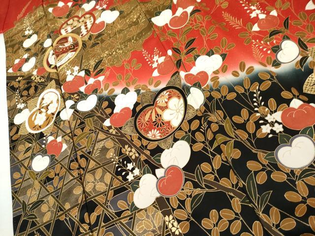 平和屋着物●豪華振袖 駒刺繍 橘 花蝶文 暈し染め 金彩 正絹 逸品 AABL0097cs