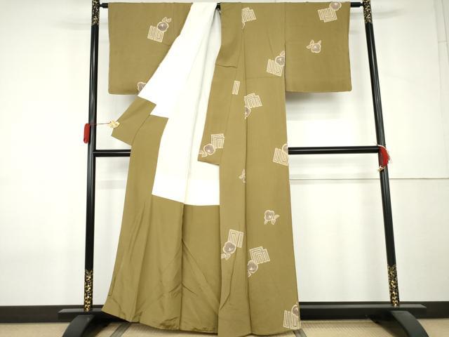 平和屋着物●上質な小紋 源氏香に椿 根岸色 鬼しぼ縮緬 正絹 逸品 AABL0099cs