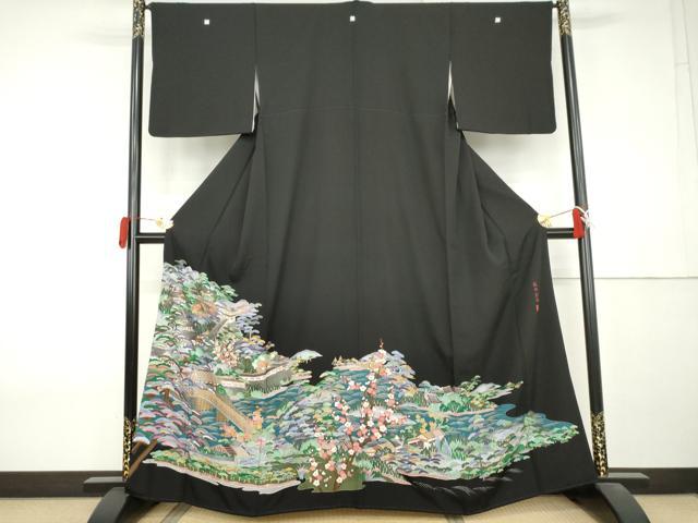 平和屋着物●豪華黒留袖 蘇州刺繍 作家物 渡り橋松竹梅風景文 正絹 逸品 AABL0102cs