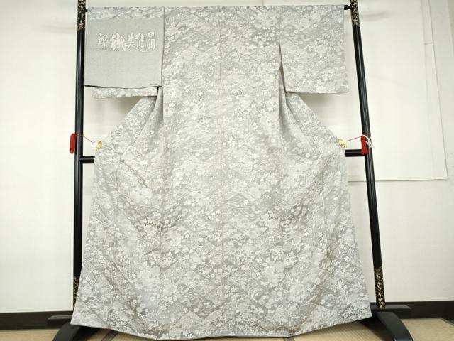 平和屋着物●山岡古都・古都染人 染織美術品 薬墨染 天目織 お召 吉祥草花文 反端付き 正絹 逸品 AABL0105cs