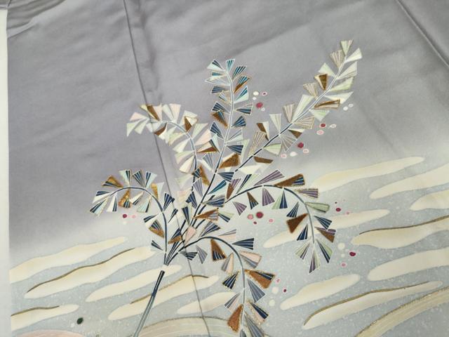 平和屋着物●訪問着 友禅 駒刺繍 枝葉文 暈し染め 金糸 金彩 正絹 逸品 AABL0110cs