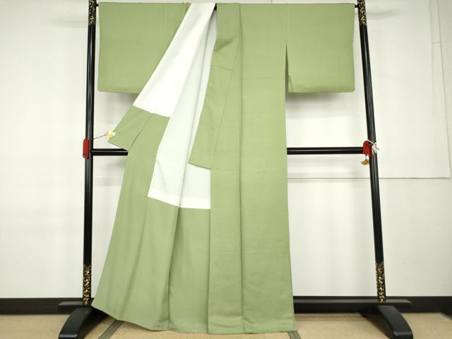 平和屋着物●上質な色無地 氷割れ地紋 柳色 正絹 逸品 AABL0112cs