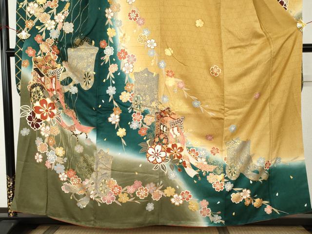 平和屋着物●豪華振袖 駒刺繍 御所車枝垂れ桜文 暈し染め 金彩 正絹 逸品 AABL0165cs