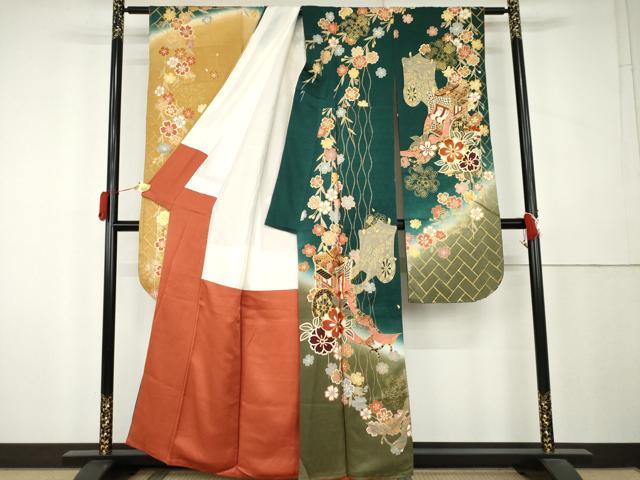 平和屋着物●豪華振袖 駒刺繍 御所車枝垂れ桜文 暈し染め 金彩 正絹 逸品 AABL0165cs