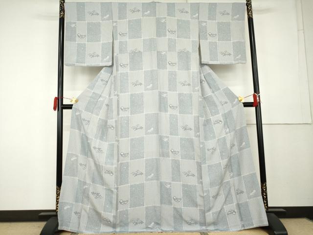 平和屋着物●上質な小紋 市松に楓 笹 正絹 逸品 AABL0192cs