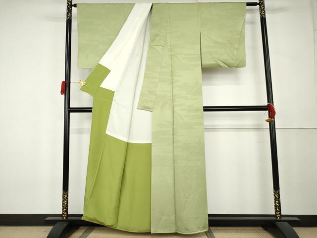平和屋着物●上質な色無地 渡り橋風景地紋 若苗色 正絹 逸品 AABL0196cs