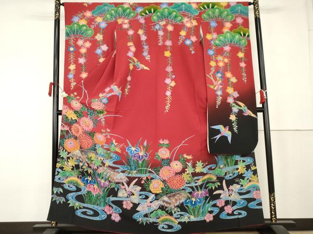 平和屋着物●紅型 振袖 花鳥風景文 暈し染め 正絹 逸品 AABL0201cs
