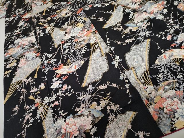 平和屋着物●上質な小紋 扇面花鳥文 黒地 金彩 三越扱い 正絹 逸品 AABL0213cs