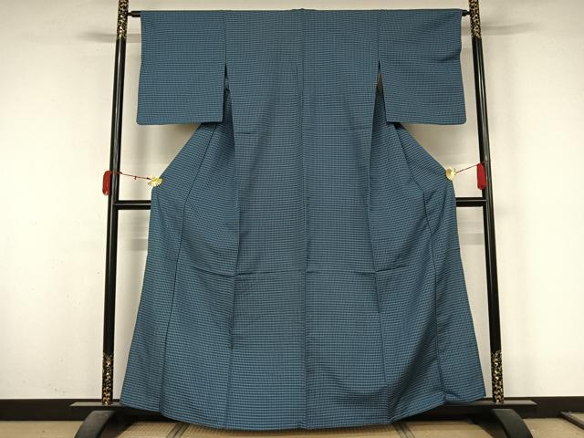 平和屋着物▽お召 単衣 格子 正絹 逸品 AABL0244jh