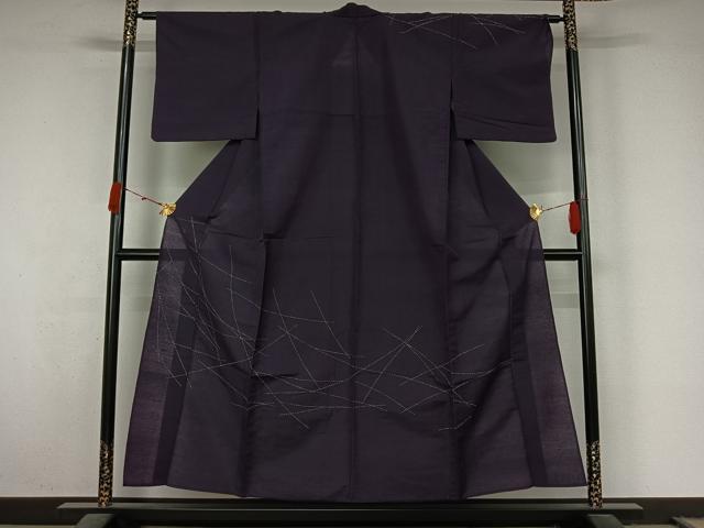 平和屋着物▽訪問着 単衣 紬地 刺し子 刺繍 変わり格子 正絹 逸品 AABL0262jh