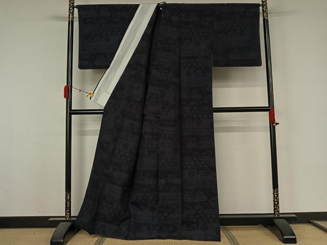 平和屋着物▽結城紬 単衣 80亀甲 横段花文 正絹 逸品 AABL0266jh