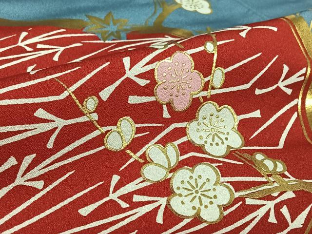 平和屋着物▽訪問着 単衣 敷松葉枝梅文 金彩 洗える着物 AABL0281jh