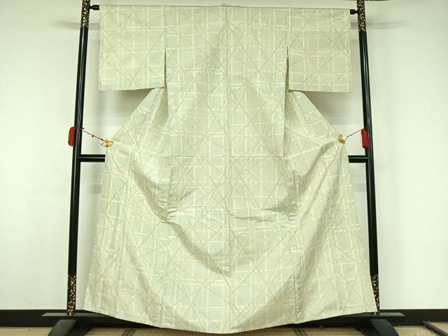 平和屋着物▽上質な紬 単衣 幾何学文様 正絹 逸品 AABL0296jh