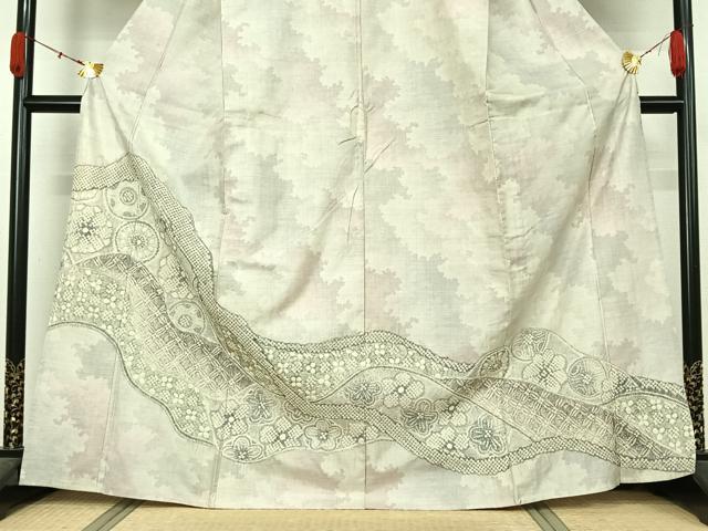平和屋着物▽名門 藤娘きぬたや・総絞り(杢目絞り) 本場大島紬 白大島 訪問着 単衣 9マルキ 吉祥花文 正絹 逸品 AABL0297jh