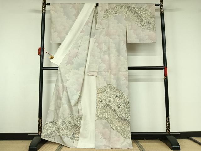 平和屋着物▽名門 藤娘きぬたや・総絞り(杢目絞り) 本場大島紬 白大島 訪問着 単衣 9マルキ 吉祥花文 正絹 逸品 AABL0297jh