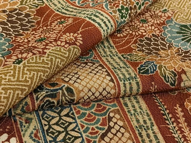 平和屋着物▽上質な小紋 単衣 吉祥花間道 鬼しぼ縮緬 正絹 逸品 AABL0319jh