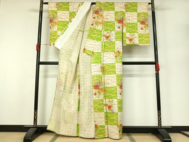 平和屋着物▽訪問着 単衣 芝花文 金通し地 正絹 逸品 AABL0321jh