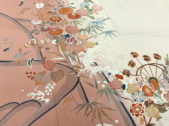 平和屋着物▽訪問着 単衣 駒刺繍 流水花文 暈し染め 正絹 逸品 AABL0337jh