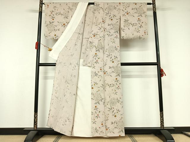 平和屋着物▽上質な小紋 単衣 正倉院花文 鬼しぼ縮緬 正絹 逸品 AABL0344jh
