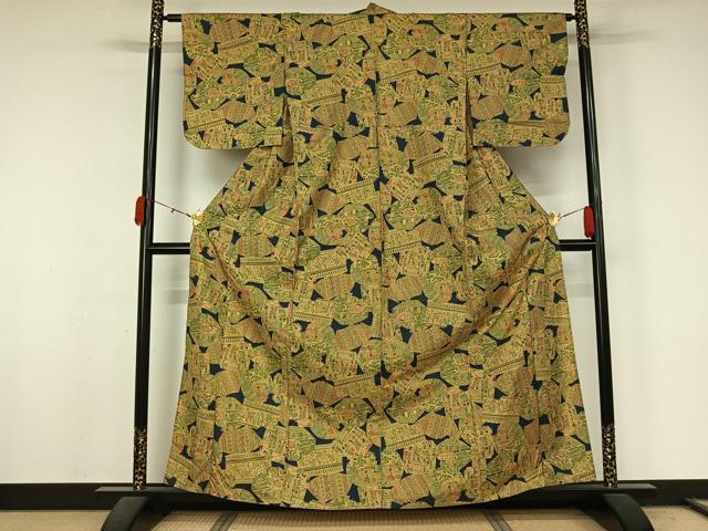 平和屋着物▽本場染大島紬 単衣 中世ヨーロッパ 正絹 逸品 AABL0347jh