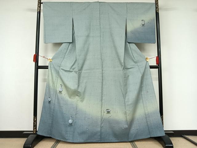 平和屋着物▽訪問着 単衣 紬地 作家物 手描き 陶器文 暈し染め 正絹 逸品 AABL0358jh