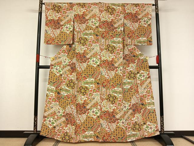 平和屋着物▽上質な小紋 単衣 鳥獣人物更紗花文 鬼しぼ縮緬 正絹 逸品 AABL0368jh