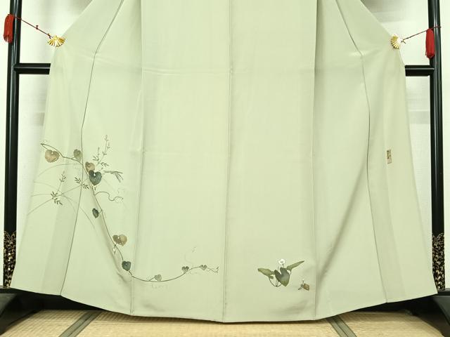平和屋着物▽訪問着 単衣 作家物 宏龍 手描き 刺繍 花唐草文 勝虫 銀糸 正絹 逸品 AABL0372jh