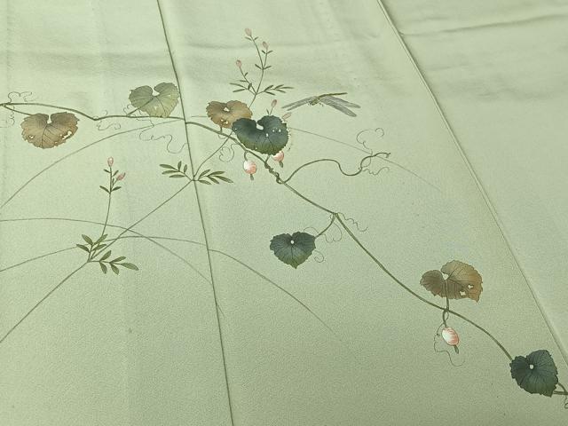 平和屋着物▽訪問着 単衣 作家物 宏龍 手描き 刺繍 花唐草文 勝虫 銀糸 正絹 逸品 AABL0372jh