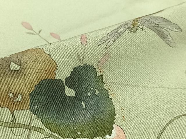 平和屋着物▽訪問着 単衣 作家物 宏龍 手描き 刺繍 花唐草文 勝虫 銀糸 正絹 逸品 AABL0372jh