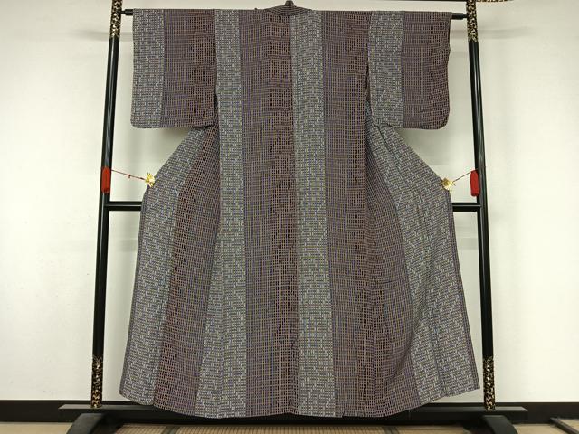 平和屋着物▽上質な小紋 単衣 格子 鬼しぼ縮緬 正絹 逸品 AABL0374jh