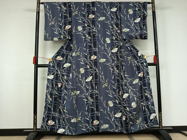 平和屋着物▽上質な小紋 単衣 団扇 蝶 金彩 正絹 逸品 AABL0377jh