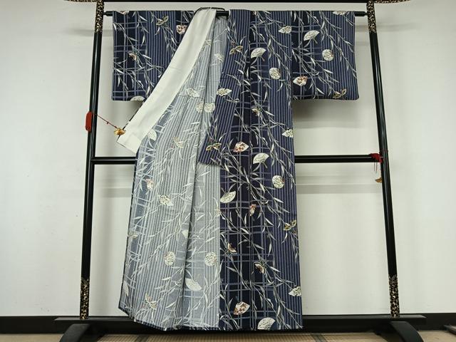平和屋着物▽上質な小紋 単衣 団扇 蝶 金彩 正絹 逸品 AABL0377jh