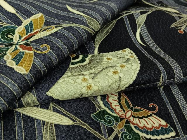 平和屋着物▽上質な小紋 単衣 団扇 蝶 金彩 正絹 逸品 AABL0377jh