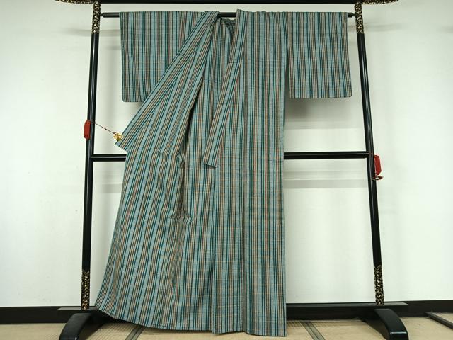 平和屋着物▽上質な紬 単衣 格子 正絹 逸品 AABL0377jh