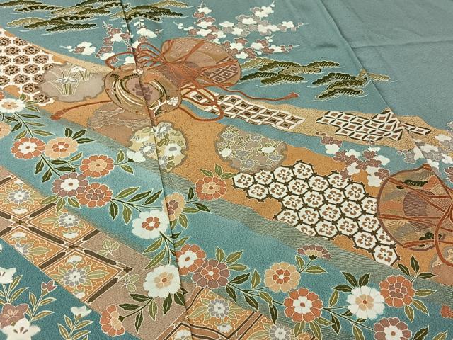 平和屋着物▽訪問着 単衣 駒刺繍 吉祥花鼓文 暈し染め 金彩 正絹 逸品 AABL0391jh