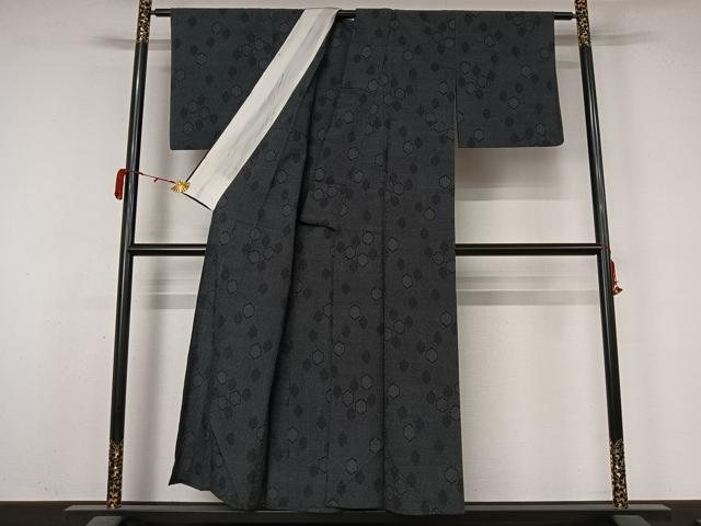 平和屋着物▽本塩沢 単衣 110亀甲 亀甲柄 黒地 正絹 逸品 AABL0393jh