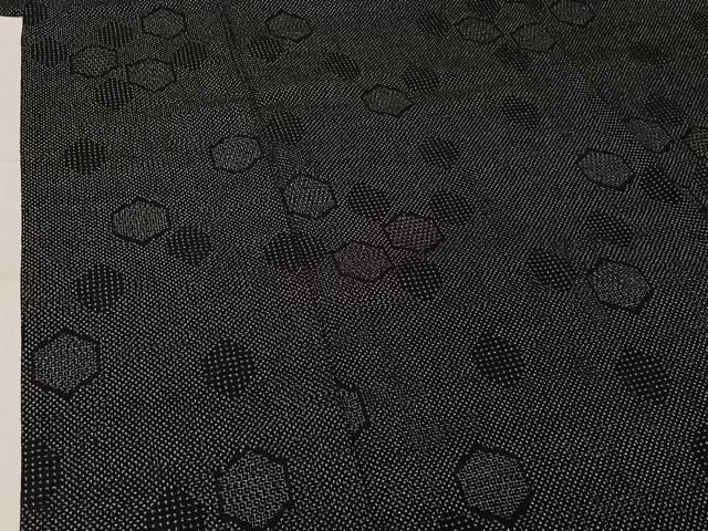 平和屋着物▽本塩沢 単衣 110亀甲 亀甲柄 黒地 正絹 逸品 AABL0393jh