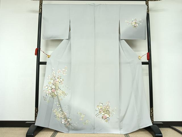 平和屋着物▽訪問着 単衣 友禅 御所車花文 暈し染め 正絹 逸品 AABL0418jh