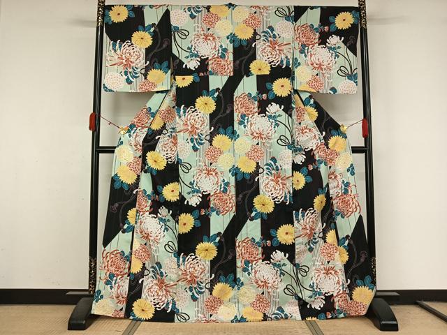 平和屋着物▽小紋 単衣 草花文 洗える着物 AABL0424jh