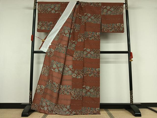 平和屋着物▽小紋 単衣 横段更紗花文 洗える着物 AABL0425jh