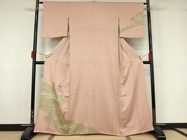平和屋着物▽訪問着 単衣 絞り 刺繍 草花文 金彩 正絹 逸品 AABL0436jh