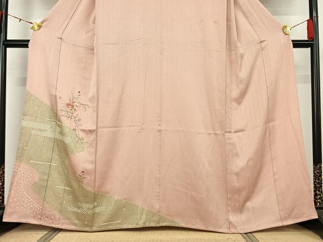 平和屋着物▽訪問着 単衣 絞り 刺繍 草花文 金彩 正絹 逸品 AABL0436jh