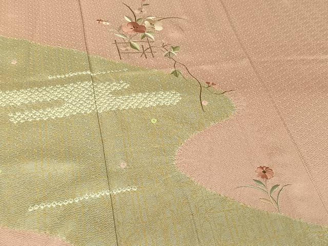平和屋着物▽訪問着 単衣 絞り 刺繍 草花文 金彩 正絹 逸品 AABL0436jh