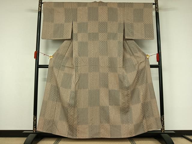 平和屋着物▽上質な小紋 単衣 紬地 市松文様 正絹 逸品 AABL0438jh