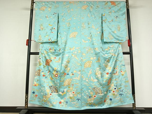平和屋着物▽訪問着 単衣 飛鶴扇面花蝶文 金彩 正絹 逸品 AABL0441jh
